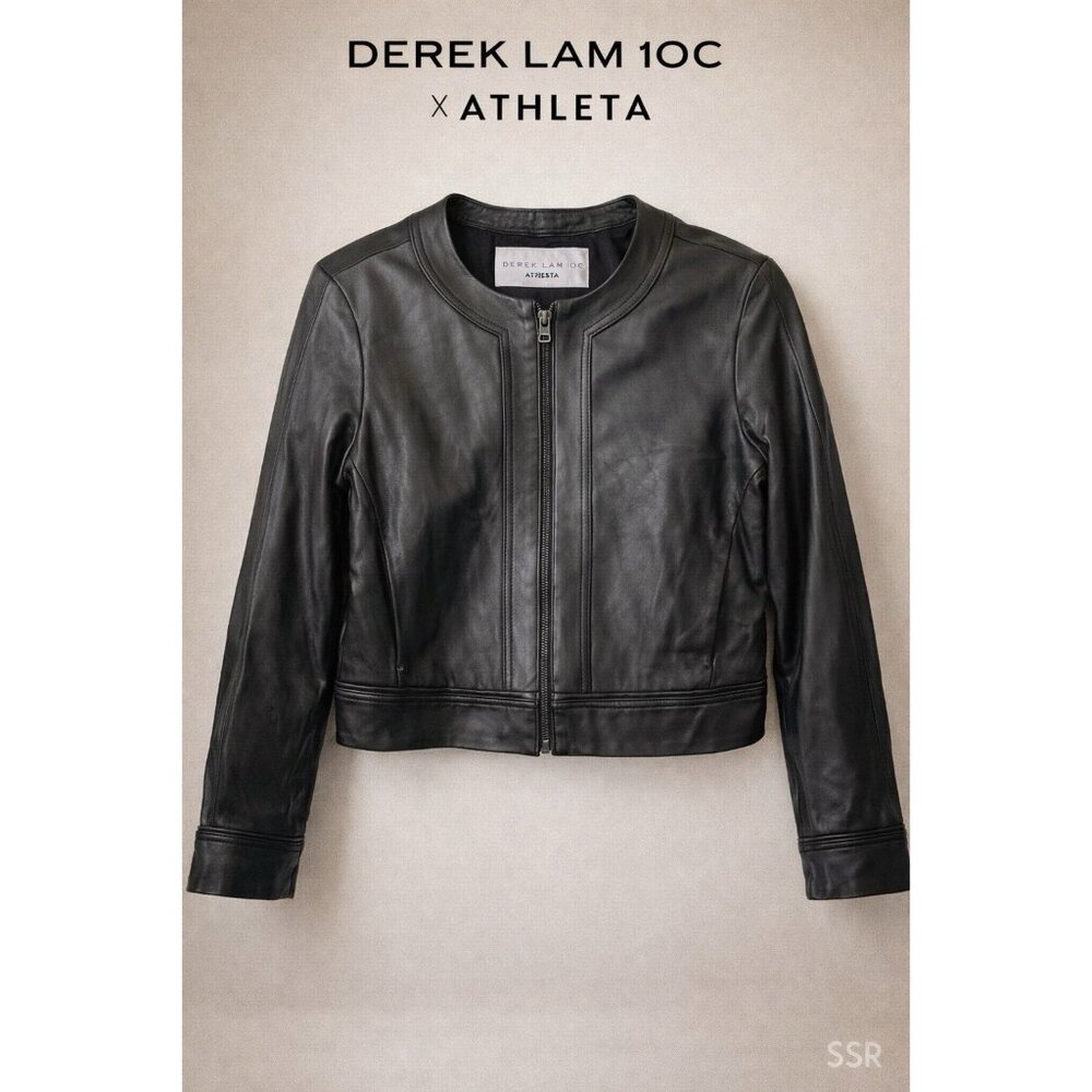 Derek Lam 10 Crosby x Athleta Black Leather Jacket Zip Front Cropped Moto Sz L